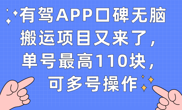 有驾APP口碑无脑搬运项目又来了，单号最高110块，可多号操作-羽哥创业课堂