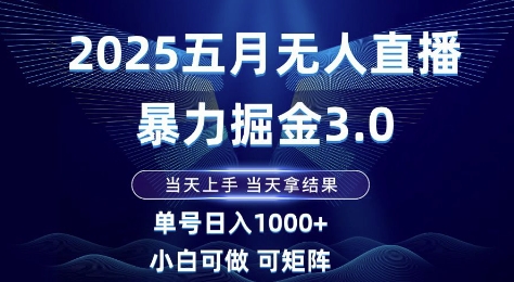 2025五月无人直播暴力掘金3.0,当天上手,当天拿结果,单号日入1k+小白可做可矩阵【揭秘】