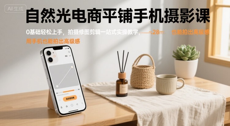 自然光电商平铺手机摄影课，0基础轻松上手，拍摄修图剪辑一站式实操教学，用手机也能拍出高级感-羽哥创业课堂