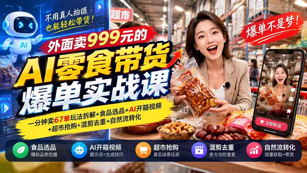 外面卖999元的AI零食带货爆单实战课｜一分钟卖67单玩法拆解+食品选品+AI开箱视频+超市抢购+混剪去重+自然流转化-羽哥创业课堂