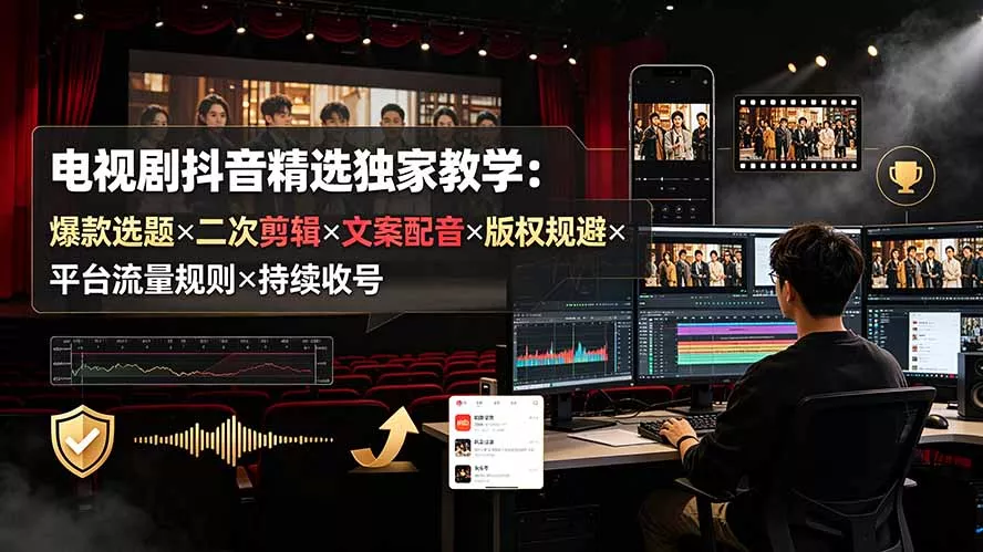 电视剧抖音精选独家教学：爆款选题×二次剪辑×文案配音×版权规避×平台流量规则×持续收益账号-羽哥创业课堂