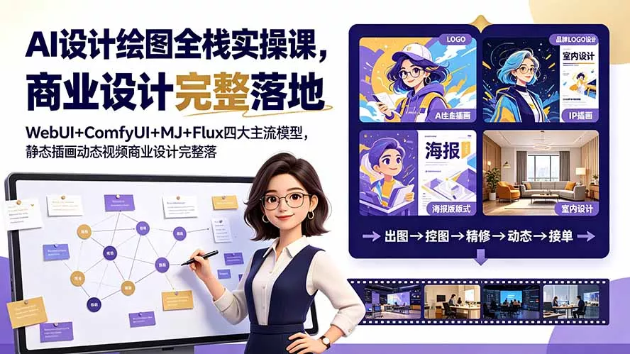 AI设计绘图全栈实操课，WebUI+ComfyUI+MJ+Flux四大主流模型，静态插画动态视频商业设计完整落地教程-羽哥创业课堂