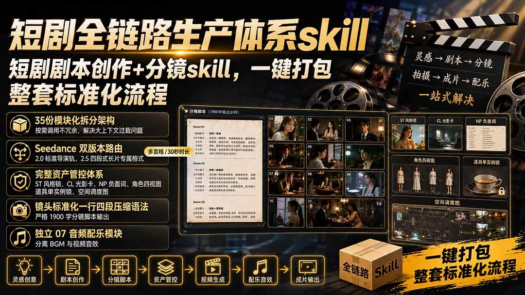 短剧全链路生产体系skill，短剧剧本创作+分镜skill，一键打包，整套标准化流程-羽哥创业课堂