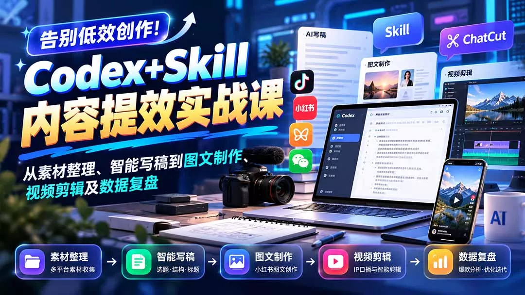 【无水印】告别低效创作!Codex+Skill内容提效实战课:从素材整理、智能写稿到图文制作、视频剪辑及数据复盘-羽哥创业课堂