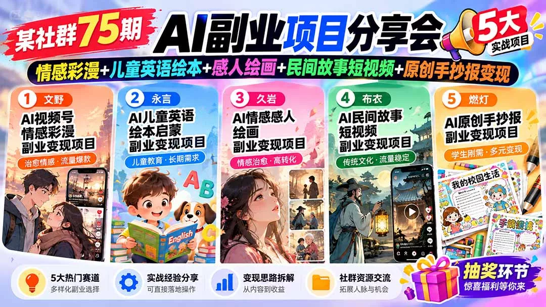 某社群75期AI副业项目分享会：情感彩漫+儿童英语绘本+感人绘画+民间故事短视频+原创手抄报变现-羽哥创业课堂