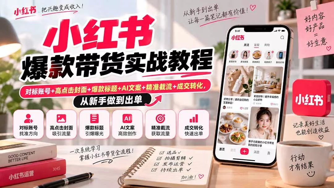 小红书爆款带货实战教程｜对标账号+高点击封面+爆款标题+AI文案+精准截流+成交转化，从新手做到出单-羽哥创业课堂
