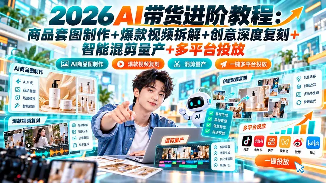 2026AI带货进阶教程：商品套图制作+爆款视频拆解+创意深度复刻+智能混剪量产+多平台投放-羽哥创业课堂