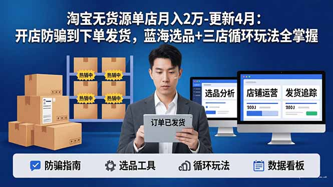 淘宝无货源5.0单店月入2万-更新4月：开店防骗到下单发货，蓝海选品+三店循环玩法全掌握-羽哥创业课堂
