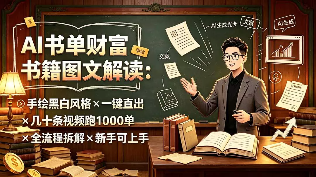 AI书单财富书籍图文解读：手绘黑白风格×一键直出×几十条视频跑1000单×全流程拆解×新手可上手-羽哥创业课堂
