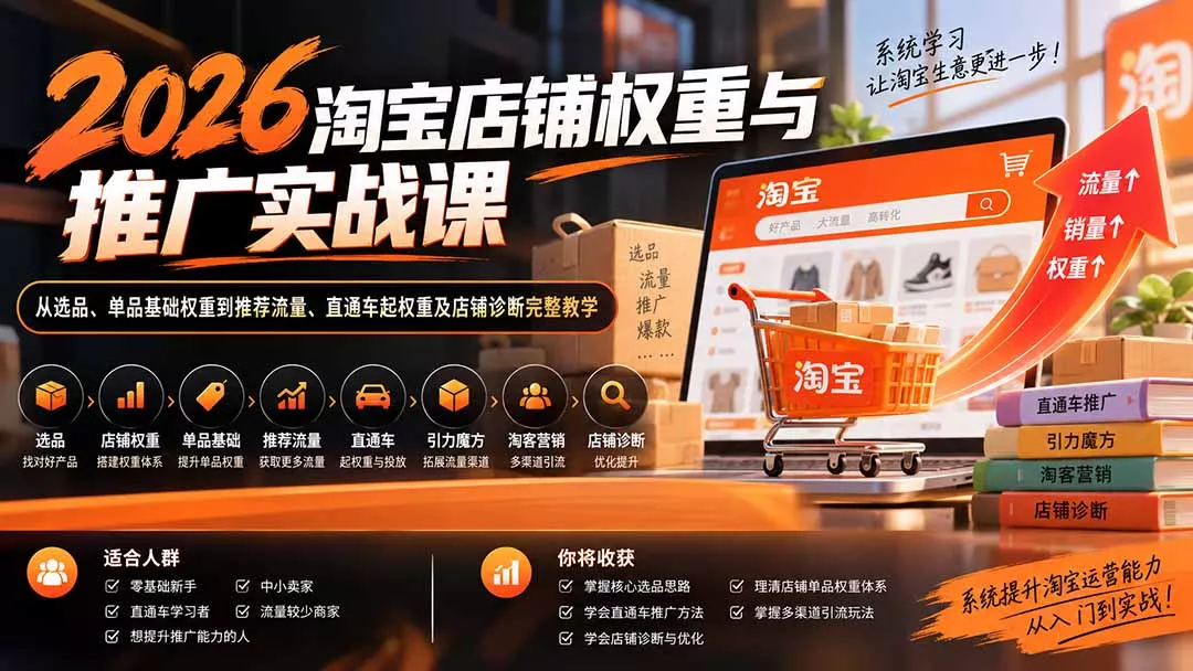 2026淘宝店铺权重与推广实战课：从选品、单品基础权重到推荐流量、直通车起权重及店铺诊断完整教学-羽哥创业课堂