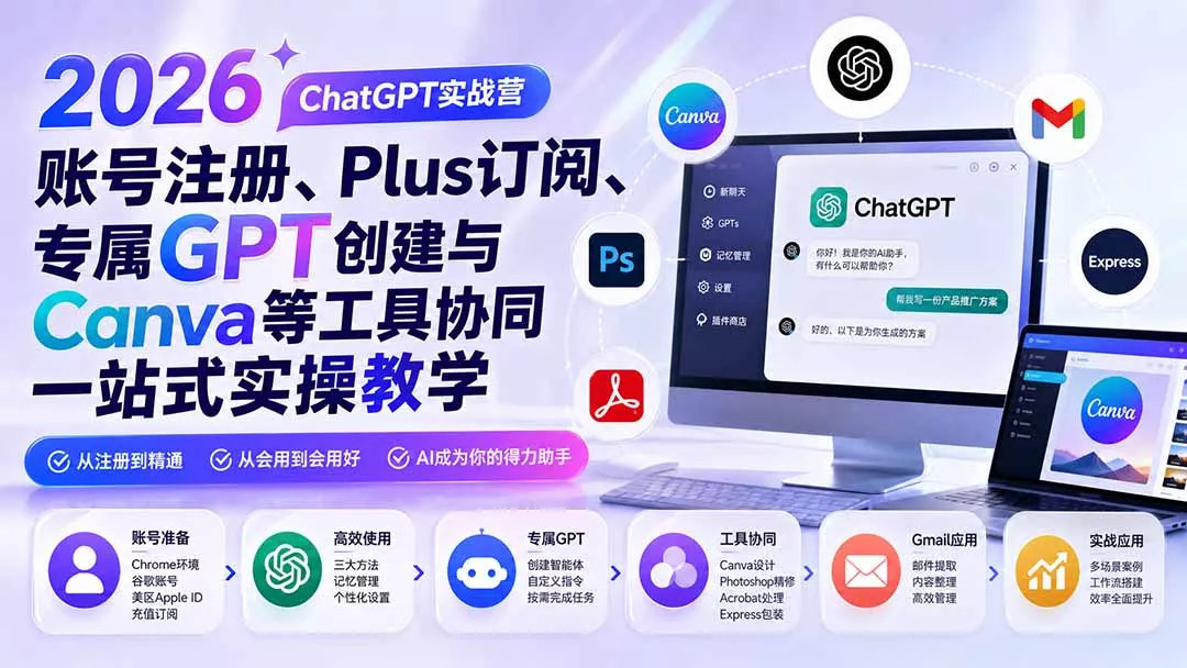 2026 ChatGPT实战营;账号注册、Plus订阅、专属GPT创建与Canva等工具协同一站式实操教学-羽哥创业课堂