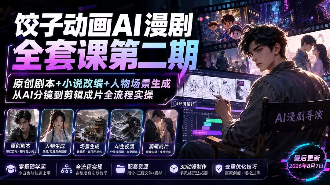 饺子动画AI漫剧全套课第二期：原创剧本+小说改编+人物场景生成，从AI分镜到剪辑成片全流程实操-羽哥创业课堂