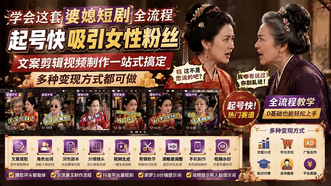 学会这套婆媳短剧全流程：起号快吸引女性粉丝，文案剪辑视频制作一站式搞定，多种变现方式都可做-羽哥创业课堂