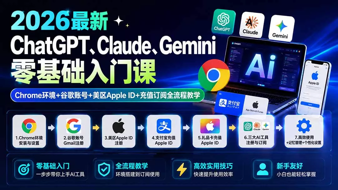 2026最新ChatGPT、Claude、Gemini零基础入门课:Chrome环境+谷歌账号+美区Apple ID+充值订阅全流程教学-羽哥创业课堂