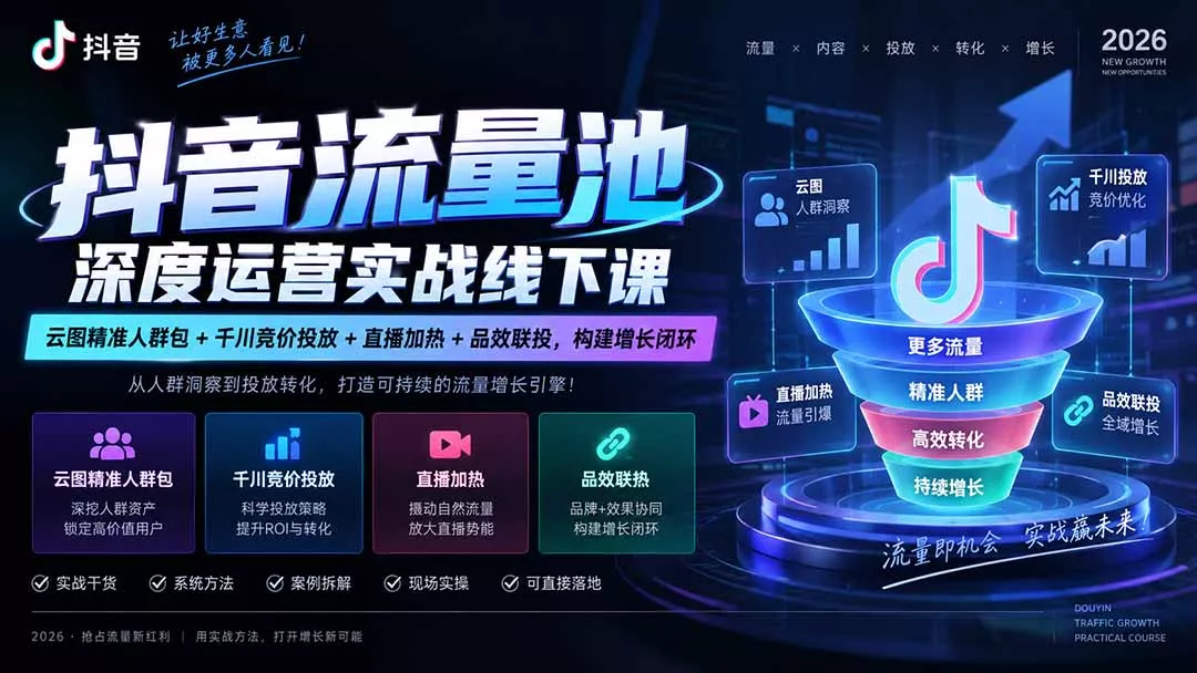 抖音流量池深度运营实战线下课|云图精准人群包+千川竞价投放+直播加热+品效联投,构建增长闭环-羽哥创业课堂