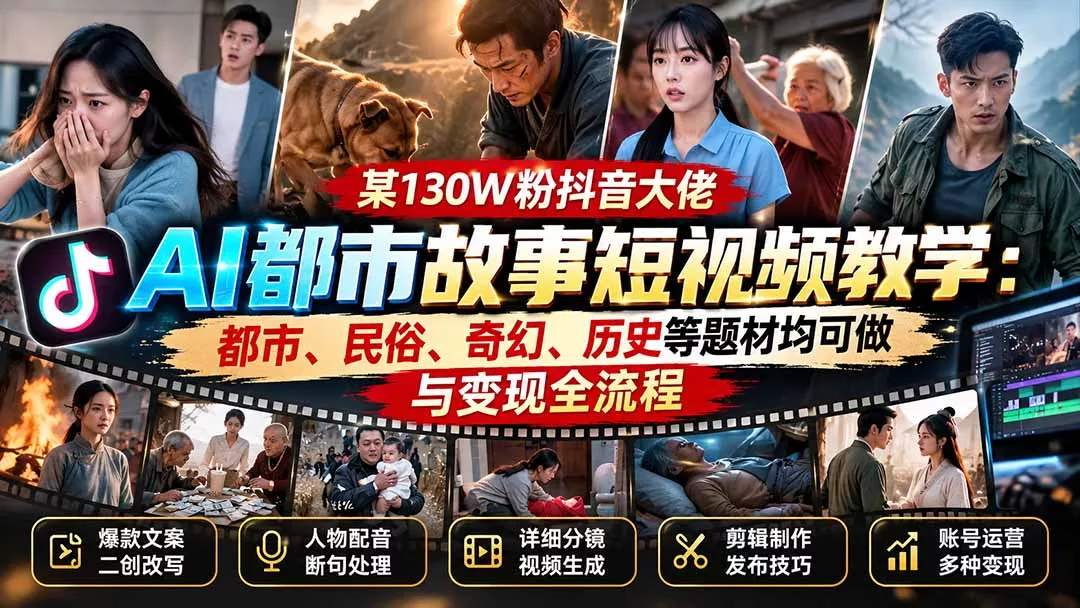 某130W粉抖音大佬AI都市故事短视频教学:都市、民俗、奇幻、历史等题材均可做与变现全流程-羽哥创业课堂