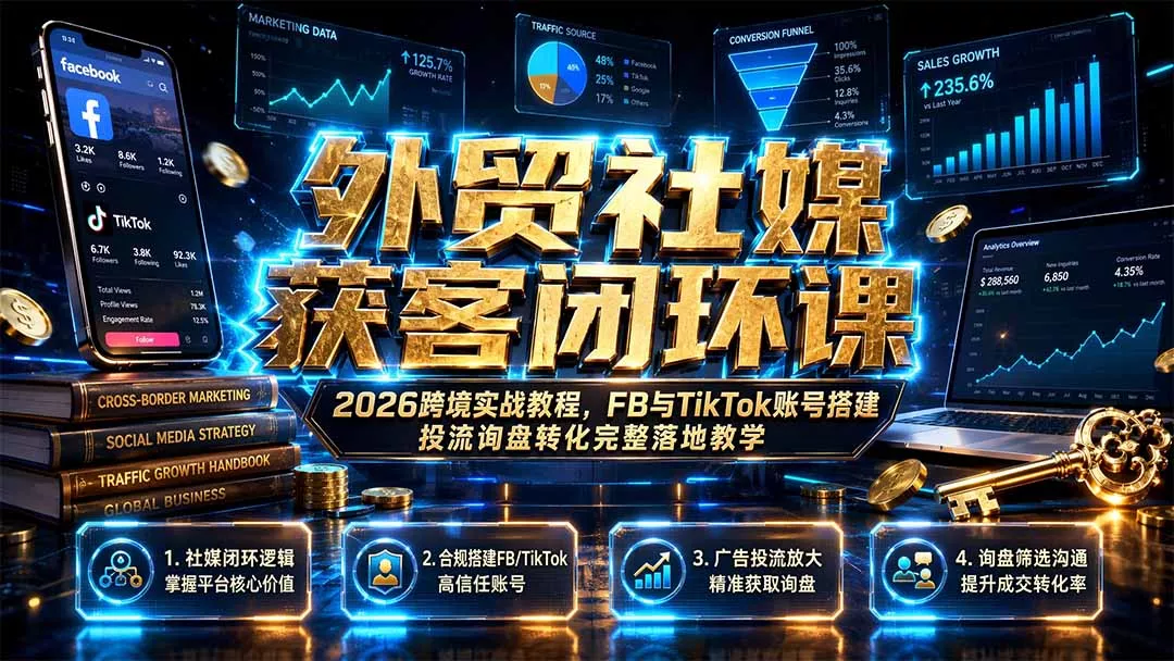 外贸社媒获客闭环课|2026跨境实战教程,FB与TikTok账号搭建投流询盘转化完整落地教学-羽哥创业课堂