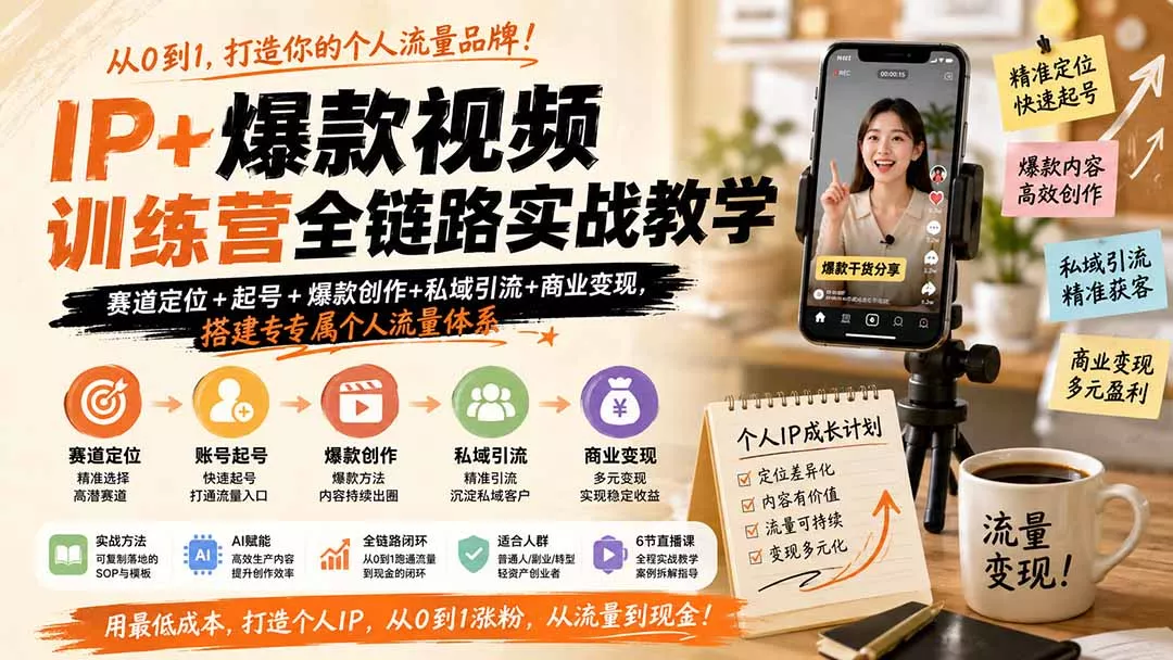 IP+爆款视频训练营全链路实战教学;赛道定位+起号+爆款创作+私域引流+商业变现,搭建专属个人流量体系 IP+爆款视频训练营全链路实战教学;赛道定位+起号+爆款创作+私域引流+商业变现,搭建专属个人流量体系