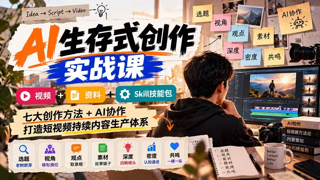AI生存式创作实战课：视频+资料+Skill技能包，七大创作方法+AI协作，打造短视频持续内容生产体系-羽哥创业课堂