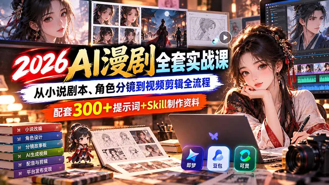 【无水印】2026AI漫剧全套实战课:从小说剧本、角色分镜到视频剪辑全流程,配套300+提示词+Skill制作资料-羽哥创业课堂