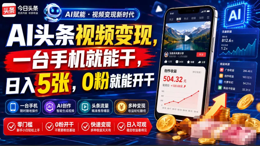 AI头条视频变现,一台手机就能干,日入5张,0粉就能开干-羽哥创业课堂