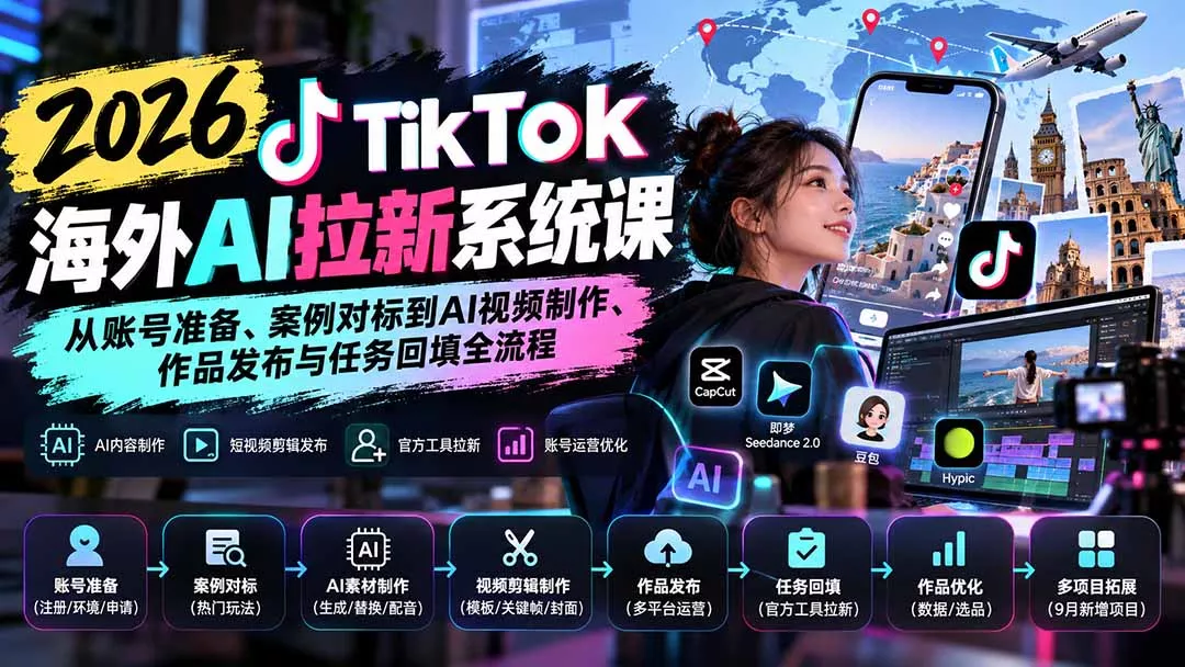 【无水印】2026 TikTok海外AI拉新系统课:从账号准备、案例对标到AI视频制作、作品发布与任务回填全流程 【无水印】2026 TikTok海外AI拉新系统课:从账号准备、案例对标到AI视频制作、作品发布与任务回填全流程
