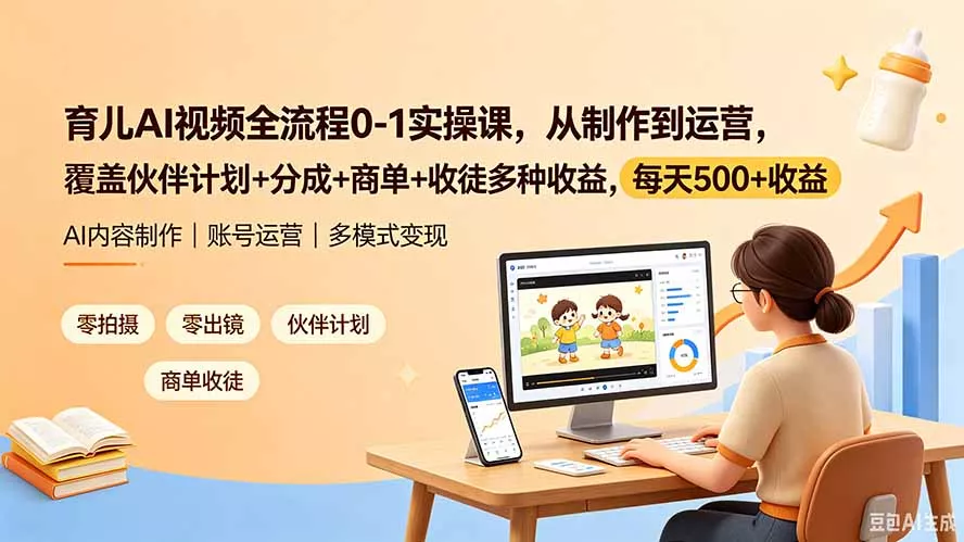 育儿AI视频全流程0-1实操课，从制作到运营，覆盖伙伴计划+分成+商单+收徒多种收益，每天500+收益-羽哥创业课堂