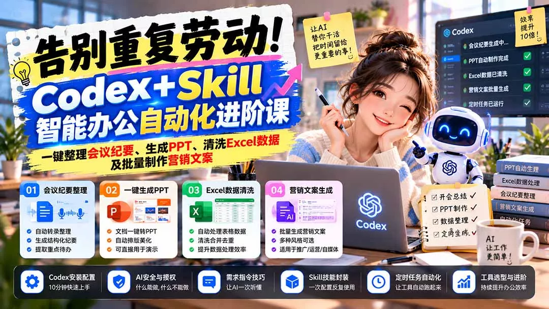 告别重复劳动！Codex+Skill智能办公自动化进阶课：一键整理会议纪要、生成PPT、清洗Excel数据及批量制作营销文案-羽哥创业课堂