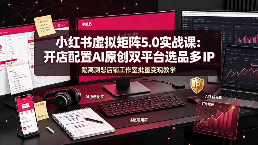 小红书虚拟矩阵5.0实战课：开店配置｜AI原创｜双平台选品｜多IP隔离｜测怼店铺工作室批量变现实操教学-羽哥创业课堂