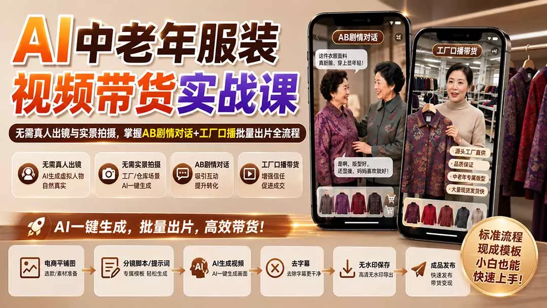 AI中老年服装视频带货实战课:无需真人出镜与实景拍摄,掌握AB剧情对话+工厂口播批量出片全流程-羽哥创业课堂