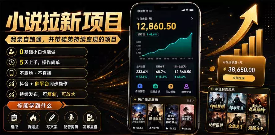 抖音及多平台小说拉新项目：我亲自跑通并持续带徒弟实操｜0基础小白5天上手快速变现-羽哥创业课堂