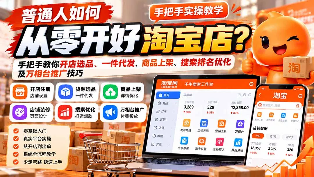 普通人如何从零开好淘宝店？手把手教你开店选品、一件代发、商品上架、搜索排名优化及万相台推广技巧-羽哥创业课堂