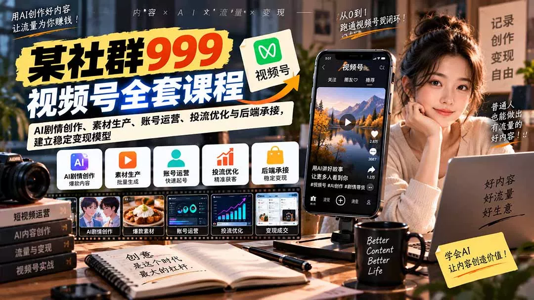 【无水印】某社群999视频号全套课程:AI剧情创作、素材生产、账号运营、投流优化与后端承接,建立稳定变现模型-羽哥创业课堂