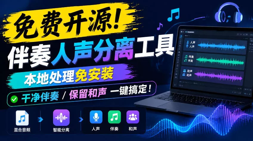免费开源！伴奏人声分离工具，本地处理免安装，干净伴奏，保留和声一键搞定！-羽哥创业课堂