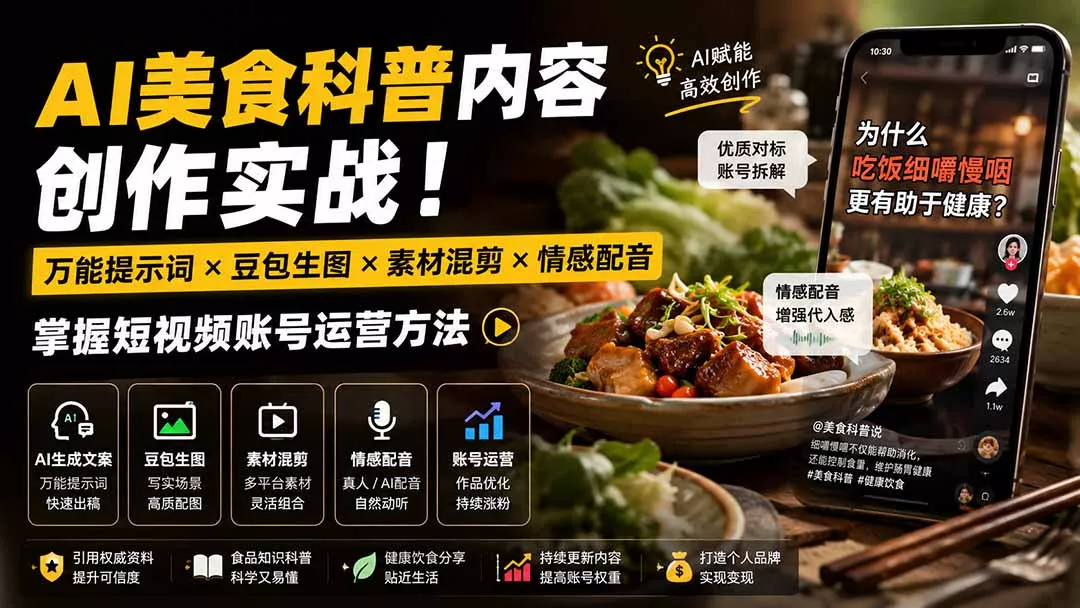 外面卖199元-AI美食科普内容创作实战!万能提示词×豆包生图×素材混剪×情感配音,掌握短视频账号运营方法 外面卖199元-AI美食科普内容创作实战!万能提示词×豆包生图×素材混剪×情感配音,掌握短视频账号运营方法
