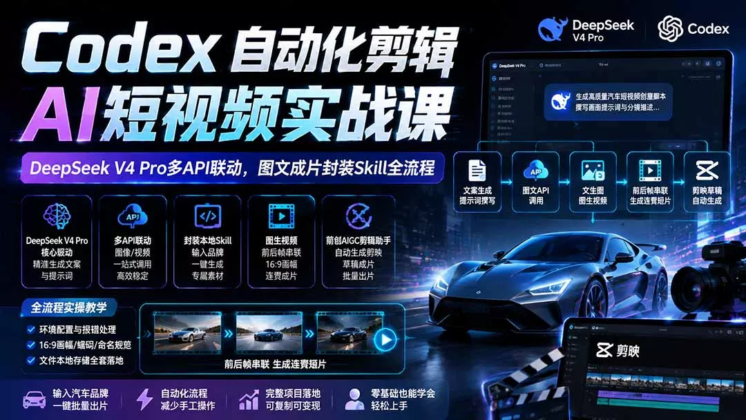 Codex自动化剪辑AI短视频实战课|DeepSeek V4 Pro多API联动,图文成片封装Skill全流程-羽哥创业课堂