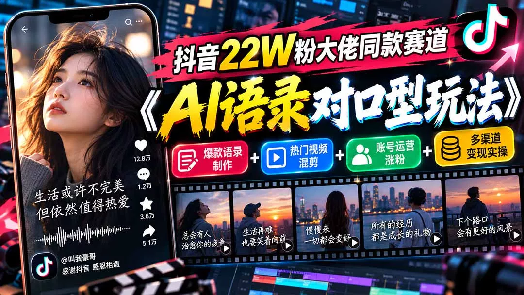 抖音22W粉大佬同款赛道《AI语录对口型玩法》：爆款语录制作+热门视频混剪+账号运营涨粉+多渠道变现实操-羽哥创业课堂