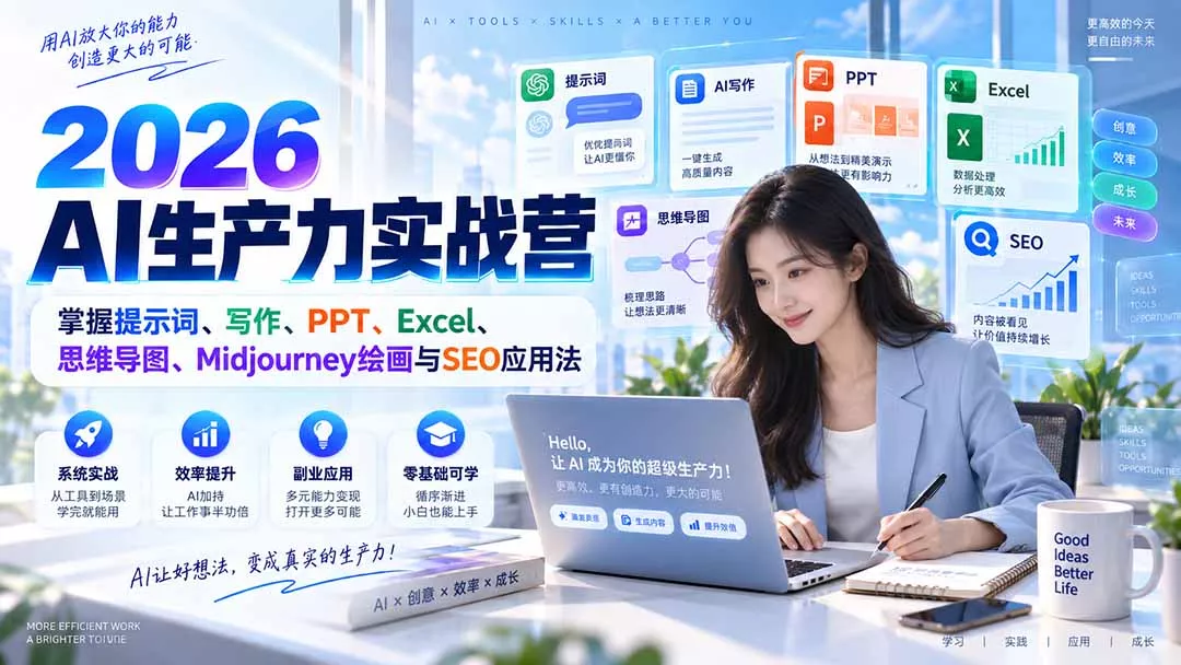 2026AI生产力实战营:掌握提示词、写作、PPT、Excel、思维导图、Midjourney绘画与SEO应用法-羽哥创业课堂