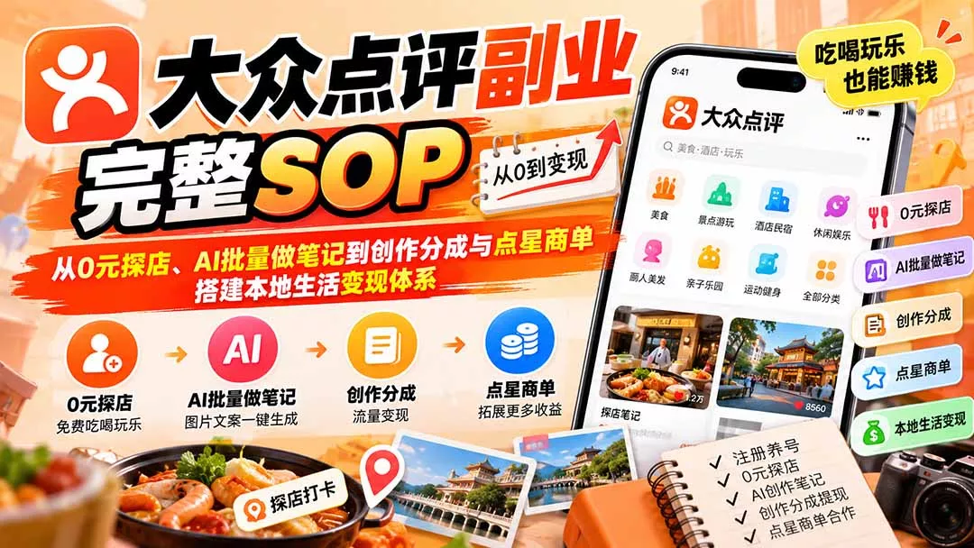 【无水印】大众点评副业完整SOP:从0元探店、AI批量做笔记到创作分成与点星商单,搭建本地生活变现体系-羽哥创业课堂