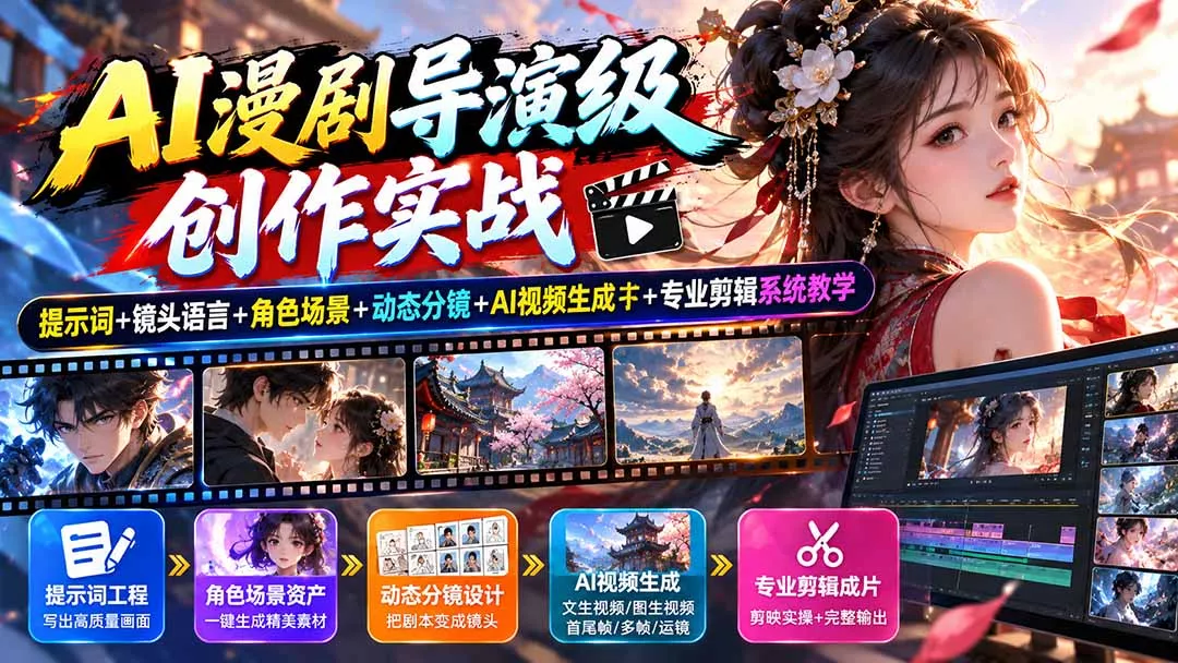 AI漫剧导演级创作实战:提示词+镜头语言+角色场景+动态分镜+AI视频生成+专业剪辑系统教学-羽哥创业课堂