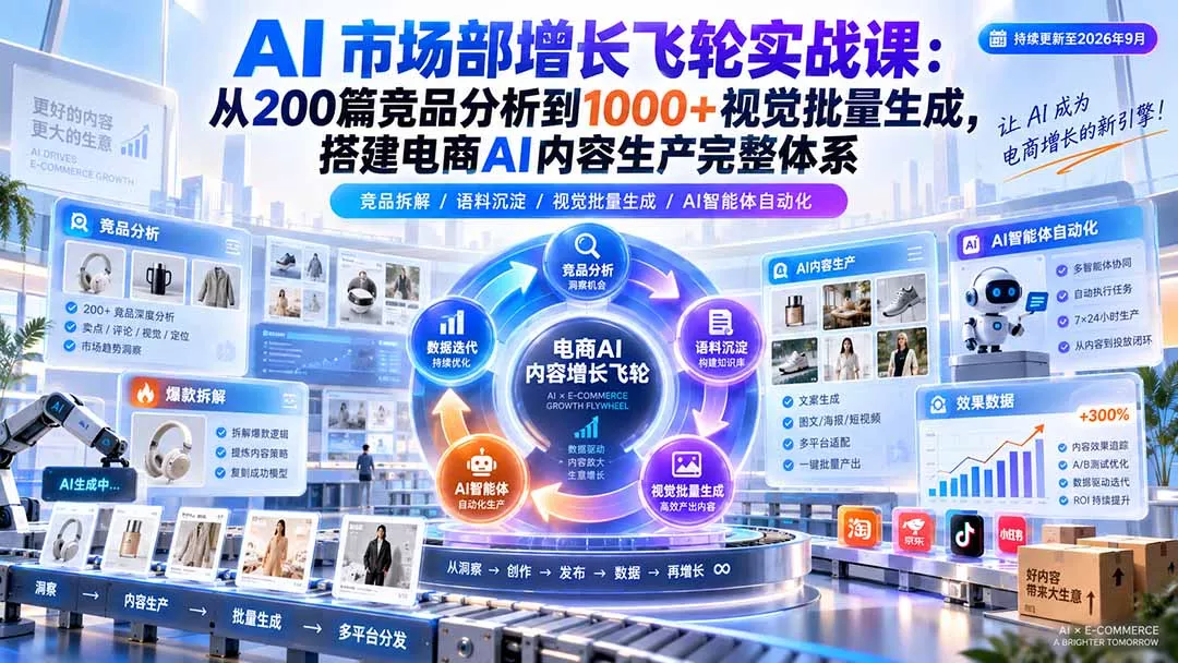 AI 市场部增长飞轮实战课:从200篇竞品分析到1000+视觉批量生成,搭建电商AI内容生产完整体系-羽哥创业课堂