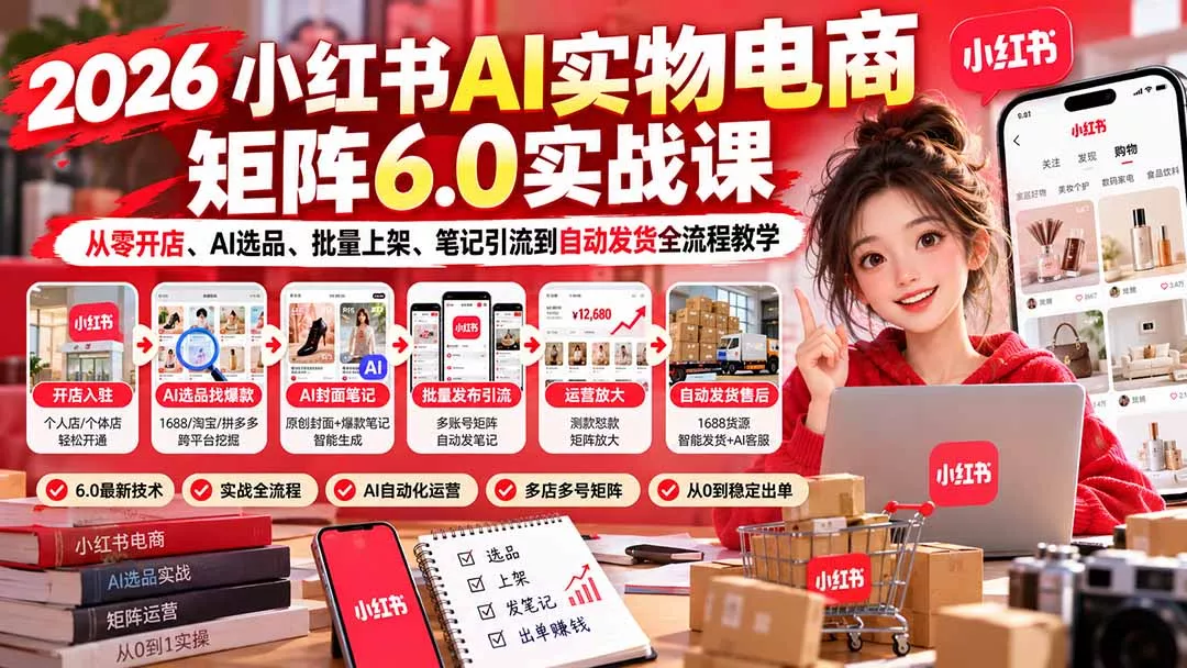 2026小红书AI实物电商矩阵6.0实战课：从零开店、AI选品、批量上架、笔记引流到自动发货全流程教学-羽哥创业课堂