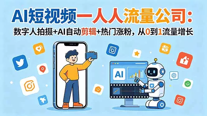 AI短视频一人流量公司：数字人拍摄+AI自动剪辑+热门涨粉，从0到1流量增长-羽哥创业课堂