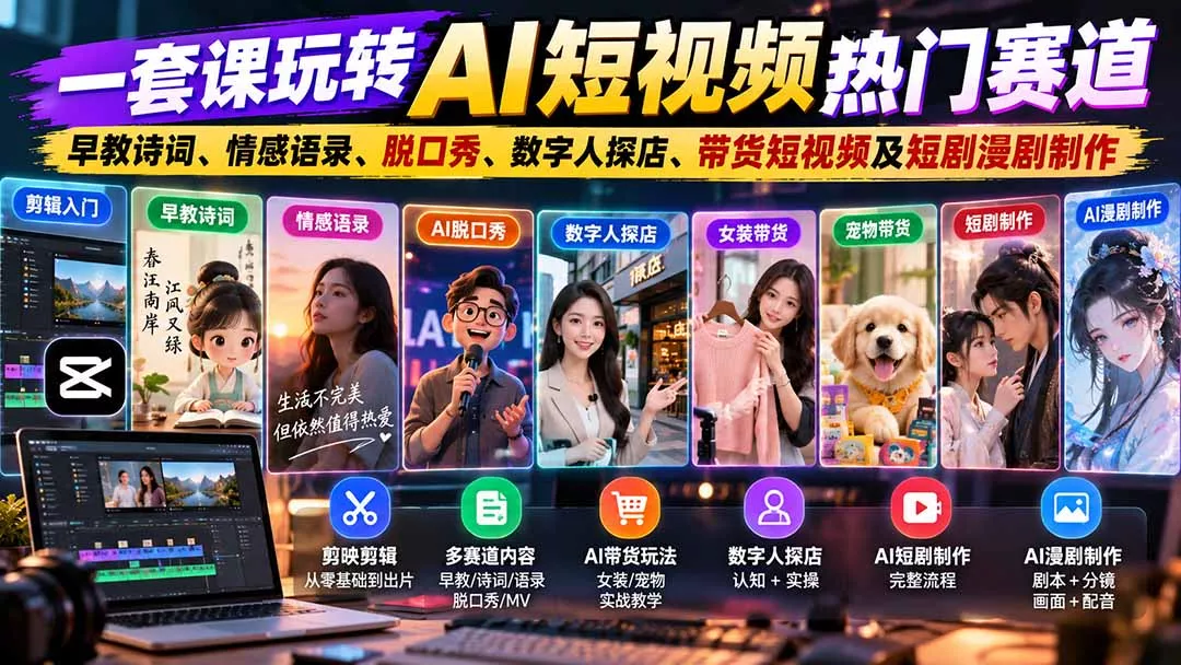 一套课玩转AI短视频热门赛道：早教诗词、情感语录、脱口秀、数字人探店、带货短视频及短剧漫剧制作 复制标题-羽哥创业课堂