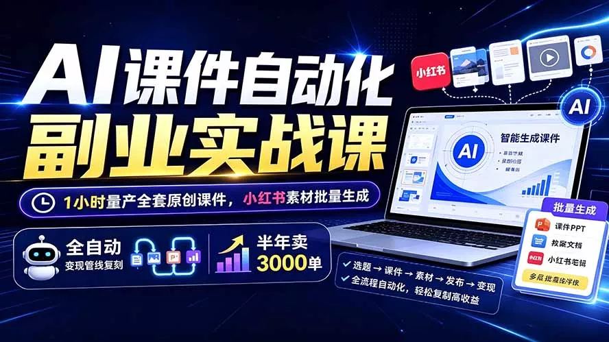AI课件自动化副业实战课：1小时量产全套原创课件×小红书素材批量生成×全自动变现管线×半年卖3000单-羽哥创业课堂