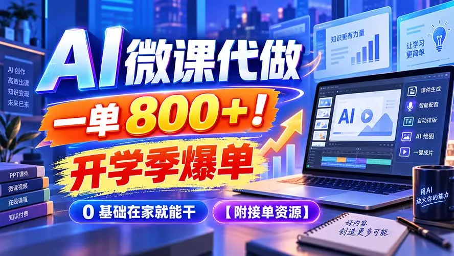 AI 微课代做，一单 800+！开学季爆单，0 基础在家就能干【附接单资源】-羽哥创业课堂