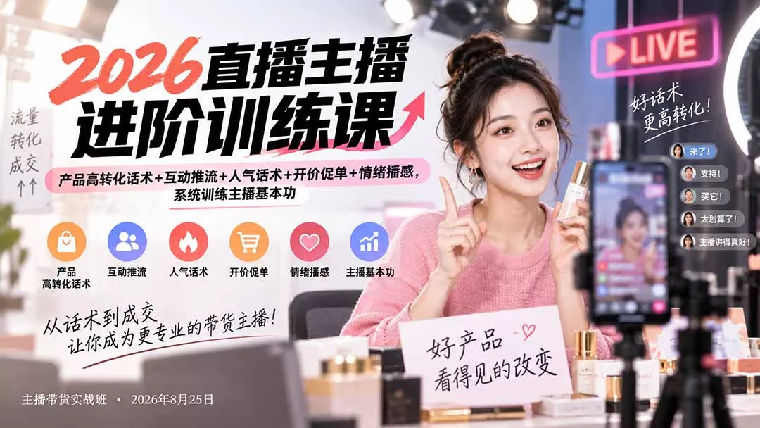 2026直播主播进阶训练课：产品高转化话术+互动推流+人气话术+开价促单+情绪播感，系统训练主播基本功