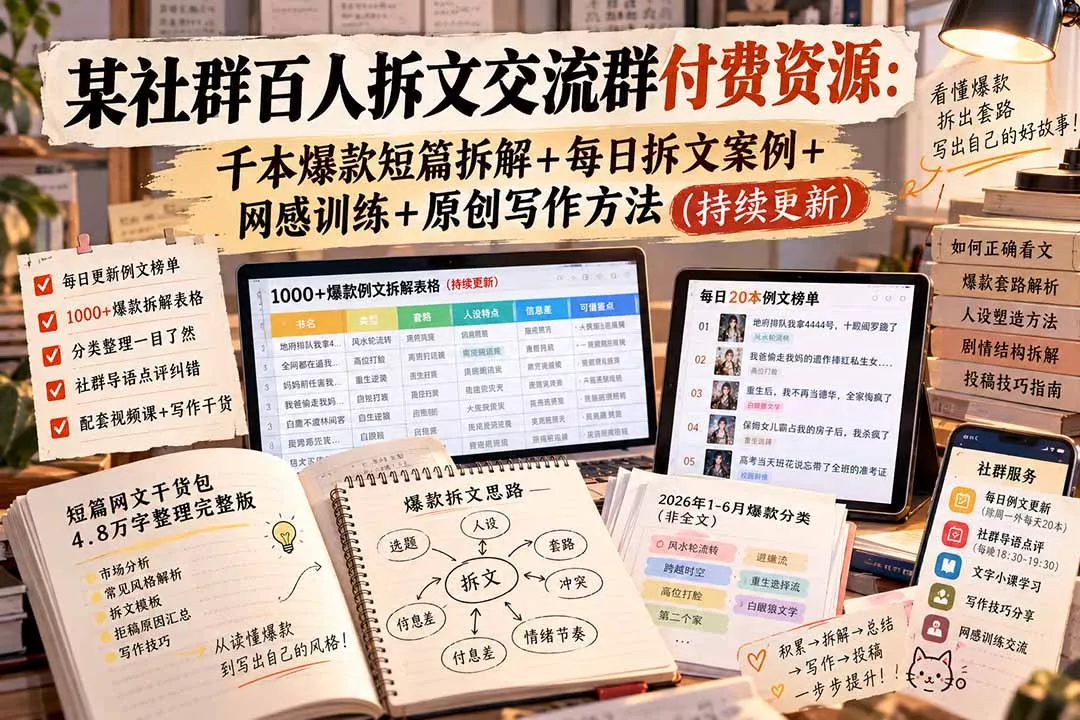 某社群百人拆文交流群付费资源-更新0929:千本爆款短篇拆解+每日拆文案例+网感训练+原创写作方法-羽哥创业课堂