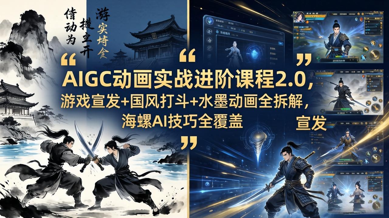 AIGC动画实战进阶课程2.0，游戏宣发+国风打斗+水墨动画全拆解，海螺AI技巧全覆盖-羽哥创业课堂