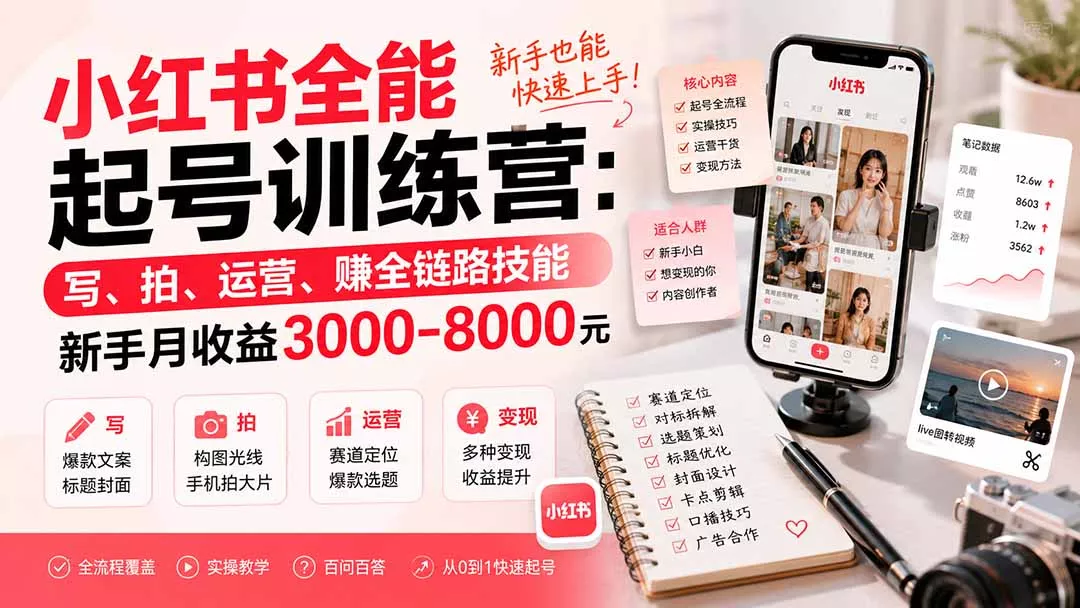 小红书全能起号训练营-更新:写、拍、运营、赚全链路技能,新手月收益3000-8000元-羽哥创业课堂